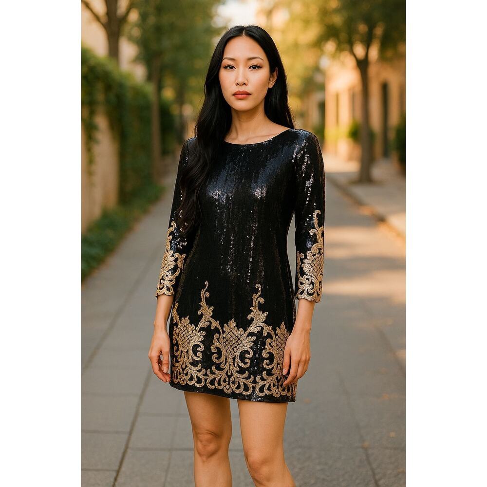 Katherine Kelly black and gold sequins cocktail dress sz 6